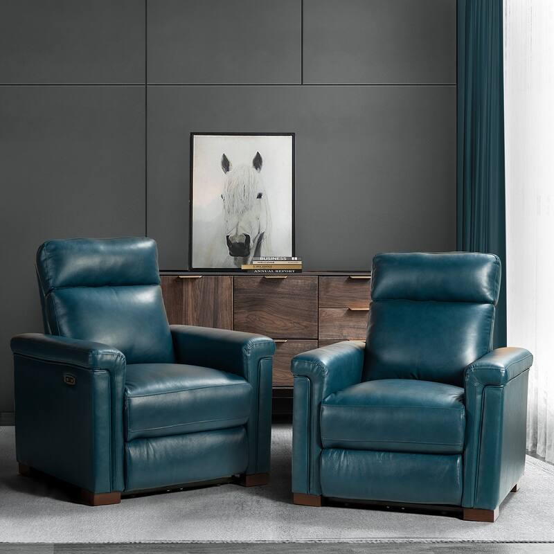 Alicia 34.65" Wide Contemporary Classic Genuine Leather Power Recliner With USB Port, Set of 2