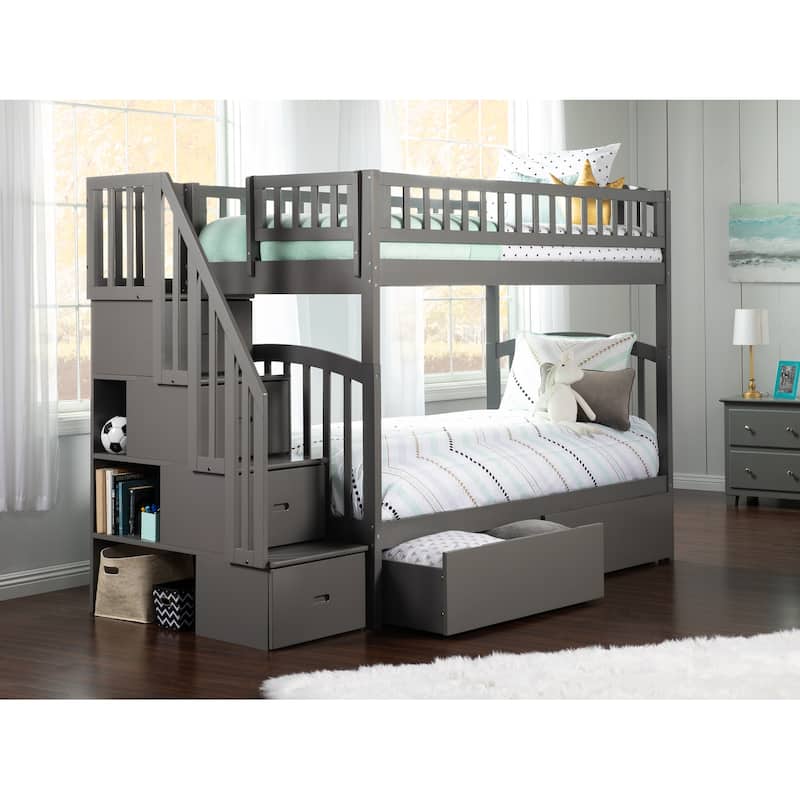 AFI Westbrook Twin over Twin Size Staircase Bunk Bed with Bed Drawers & Charging Station in Grey