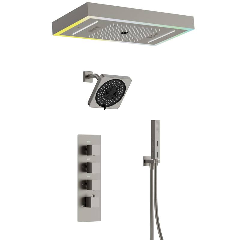 GRANDJOY Thermostatic LED Rain and Waterfall Shower System with Handheld, Ceiling-Mount Modern Design - Brushed Nickel