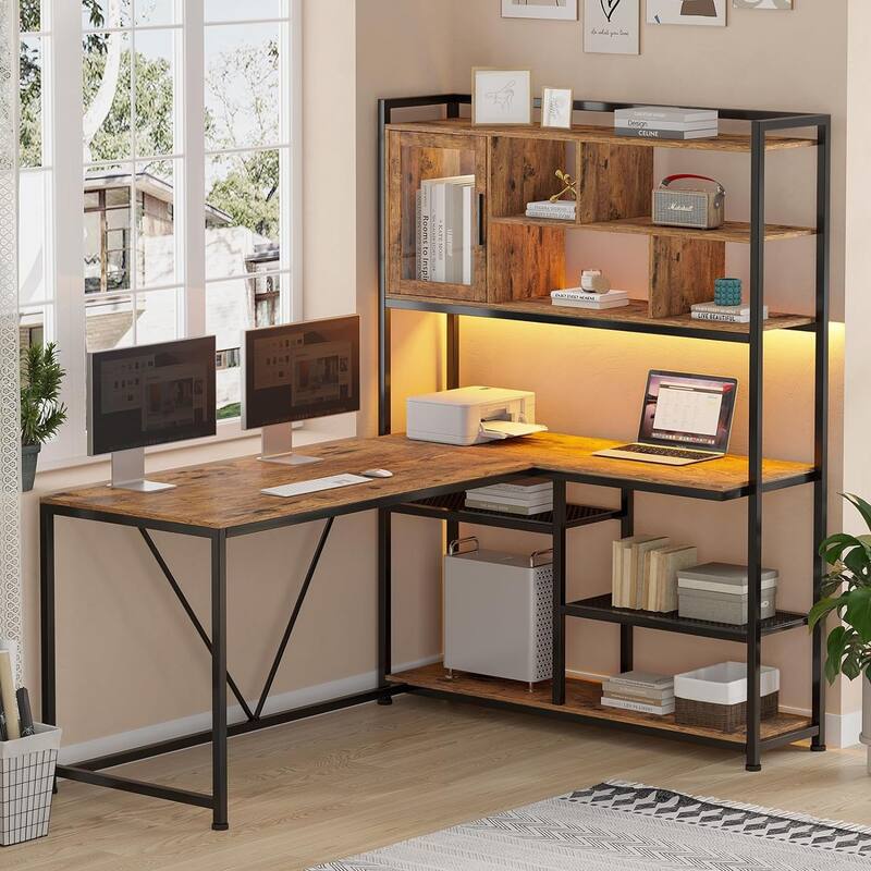 L Shaped Computer Gaming Corner Desk LED Light Storage Bookshelf - Brown