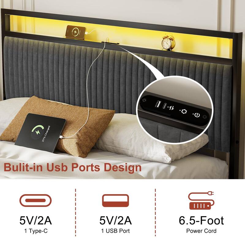 Hausource Full Size Upholstered Bed Frame with LED Headboard, 2 Drawers, Charging Station, Beige