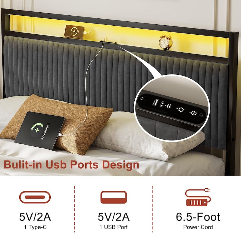 Hausource King Size Upholstered Bed Frame with LED Headboard, 2 Drawers, Charging Station, Beige