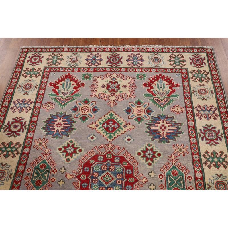 Grey Geometric Kazak Oriental Area Rug Handmade Wool Carpet - 5'1" x 6'9"