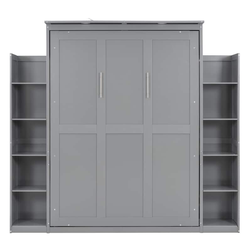 Full Size Murphy Wall Bed Frame with Shelves and LED Lights,for Girls Boys Teens,No Box Spring Needed