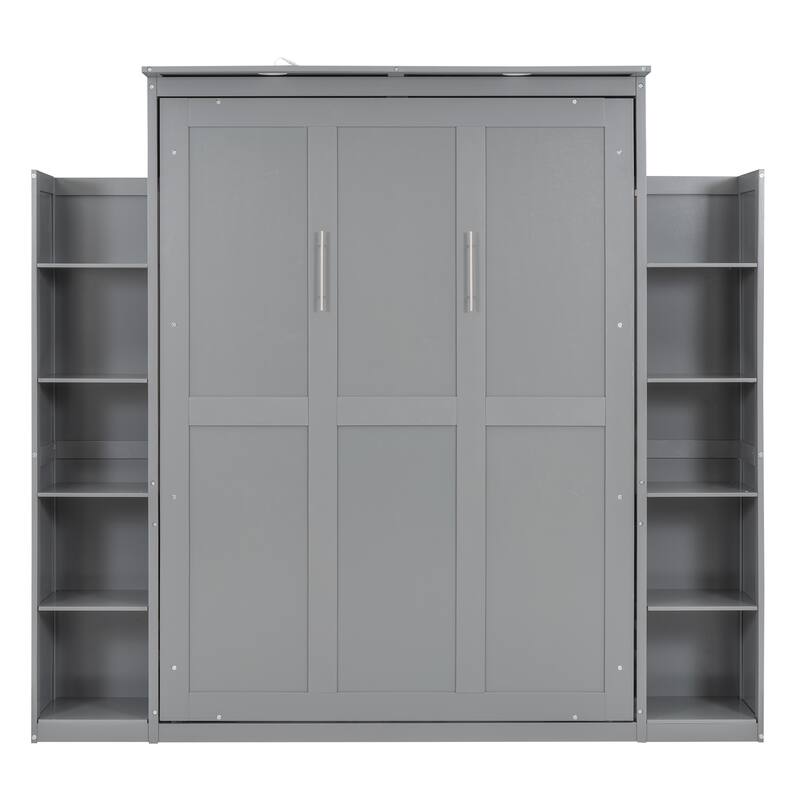 Wooden Wall Murphy Bed with Side Bookshelf & LED Lights