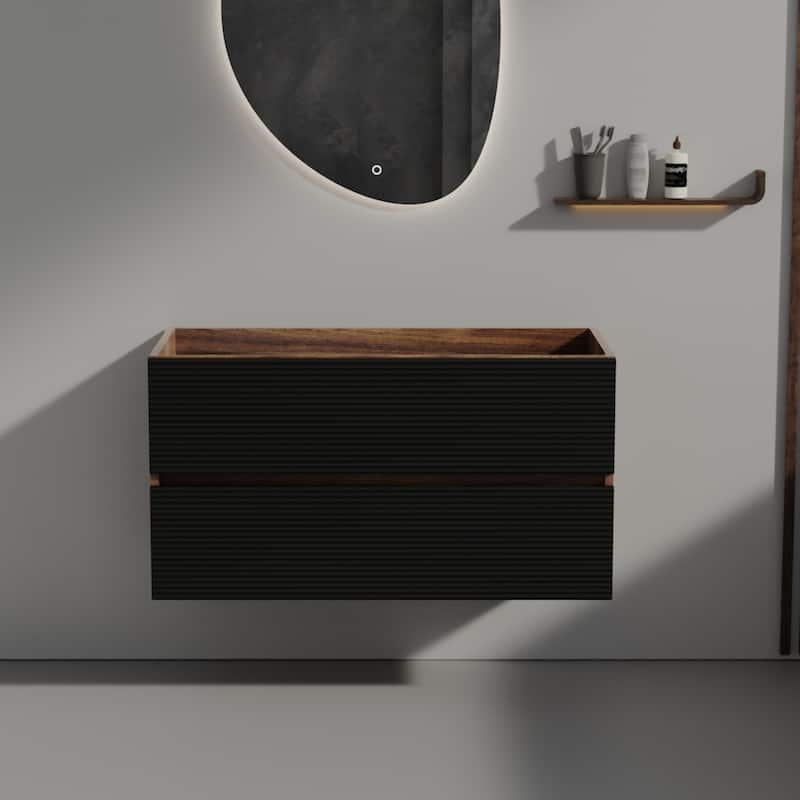 Wall-Mounted Cabinet Without Basin In Black & Walnut With 2 Drawers Kd. - Black+Brown