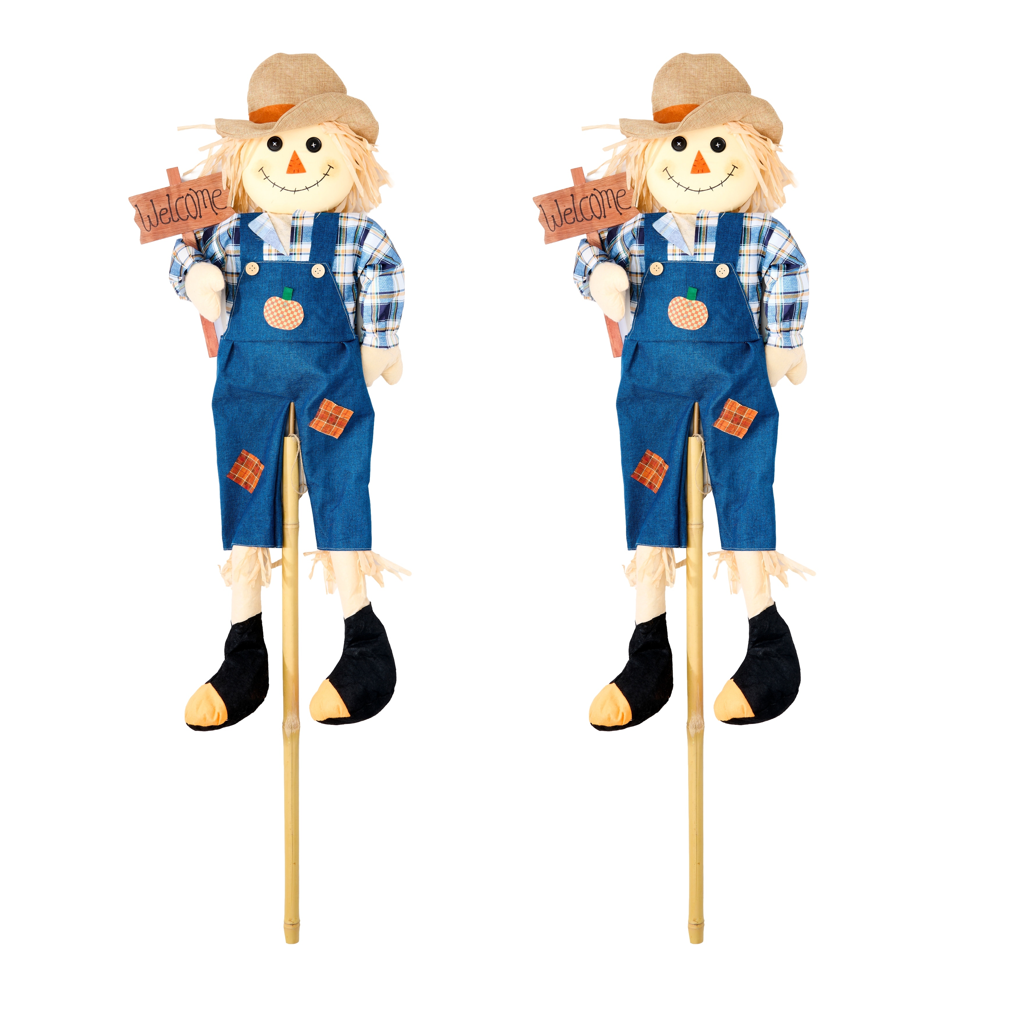 60" Fall Harvest Scarecrow Decoration On Pole With Welcome Sign, For Lawn Or Garden, Set of 2