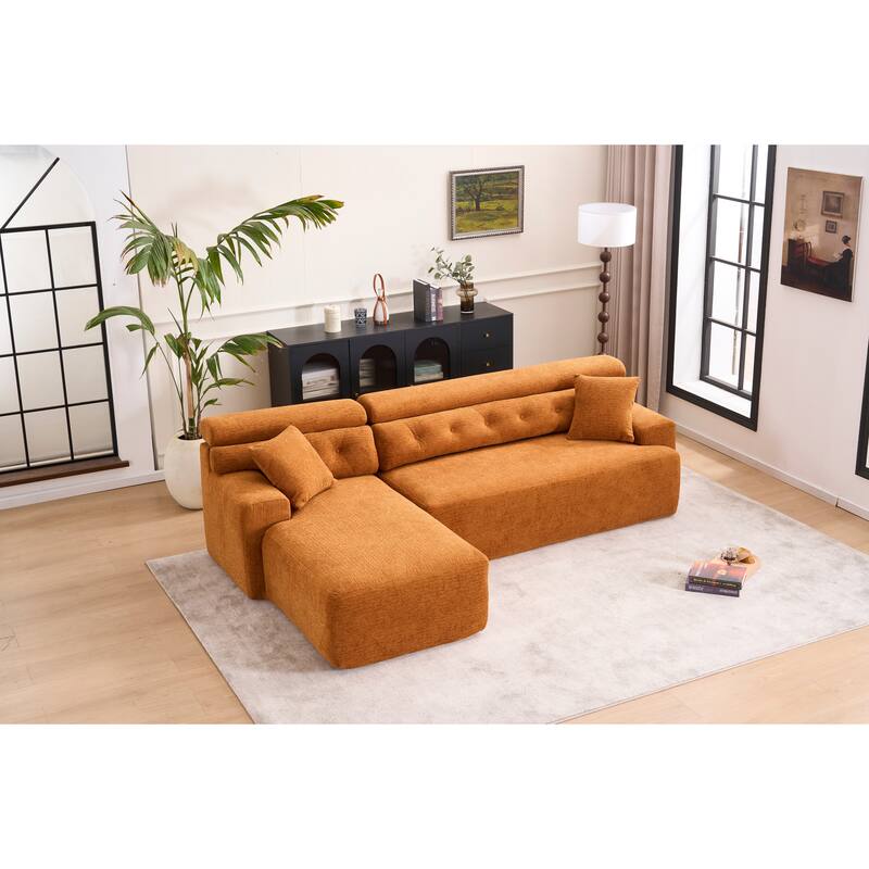 Combining Chaise Longue With 3-Seater, Wood Grain Chenille Fabric, Full Sponge Compression Sofa,Combined Sofa With 2 Pillows