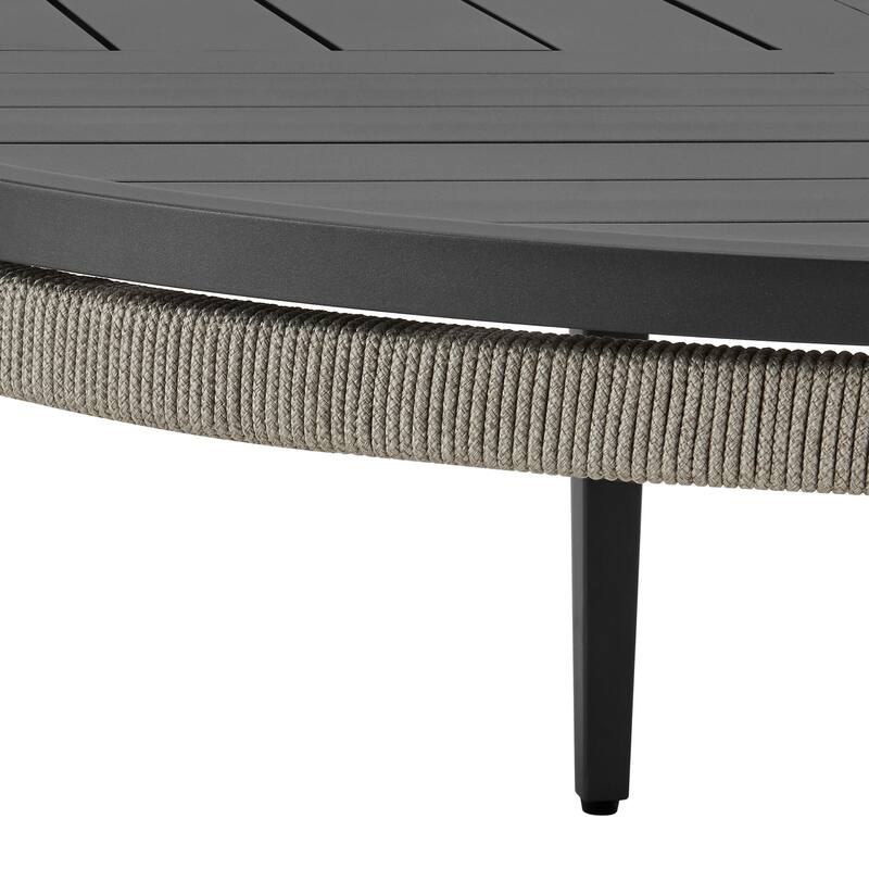 Hosa 42 Inch Outdoor Coffee Table, Black Round Slatted Top, Gray Rope Apron