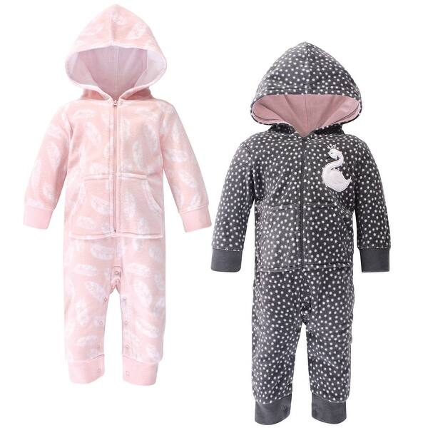 slide 1 of 1, Hudson Baby Infant Girl Fleece Jumpsuits, Coveralls, and Playsuits 2pk, Swan 0 - 3 Months - Grey/Pink