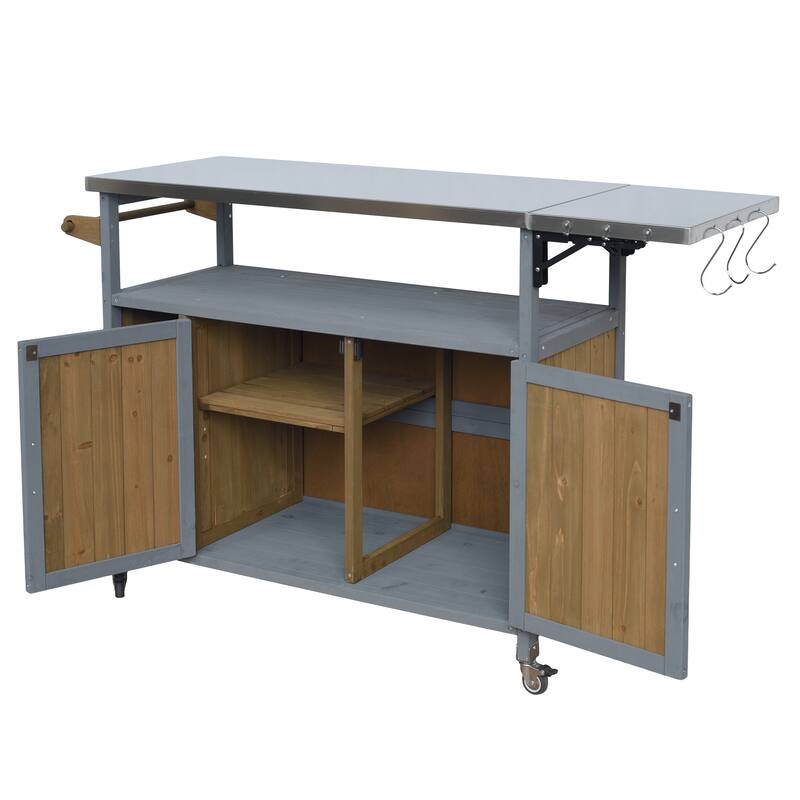 Christopher Knight Home - 54.33" Solid Wood Mobile Outdoor Kitchen Cart with Stainless Steel Top & Spice Rack & Lockable Wheels
