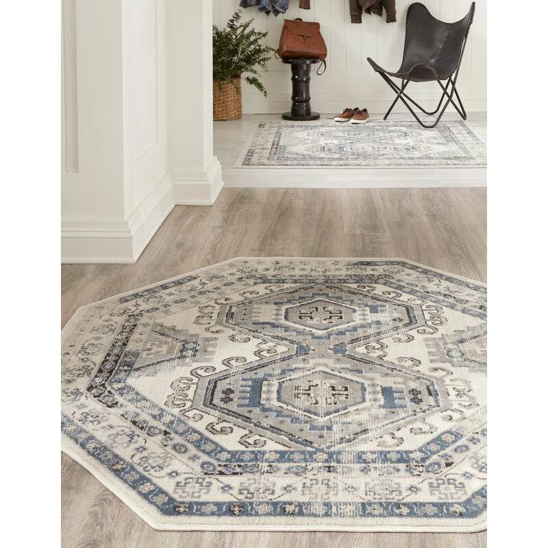 Contemporary Corbin Collection Area Rug - 5'3"x5'3" Octagon - Ivory Aqua