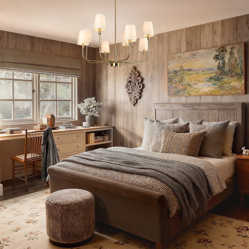 Mid-Century Modern Gold 6-Light French Chandelier Fabric Pendant Lights for Dining Room