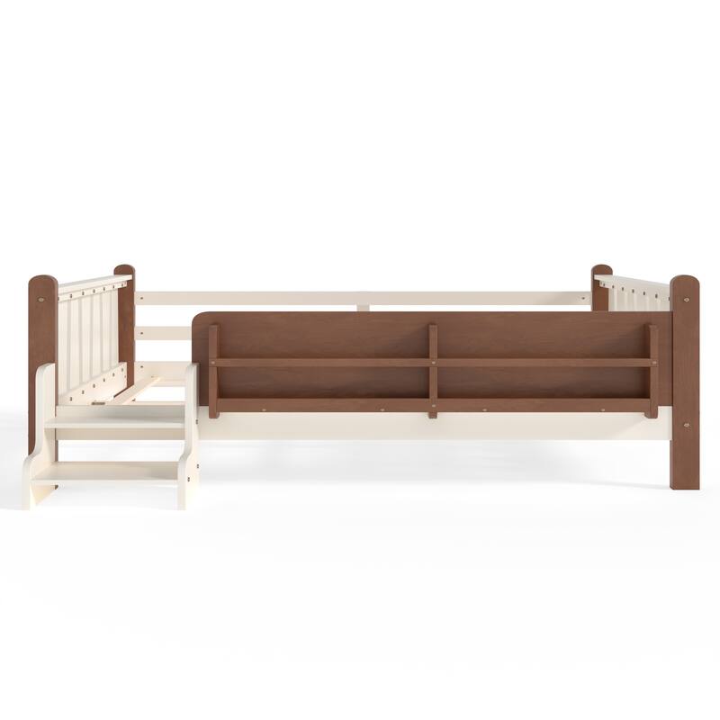 Full/Twin Floor Bed with Storage Bookcases & Cute Stairs - Solid Wood Kids Bed, No Box Spring