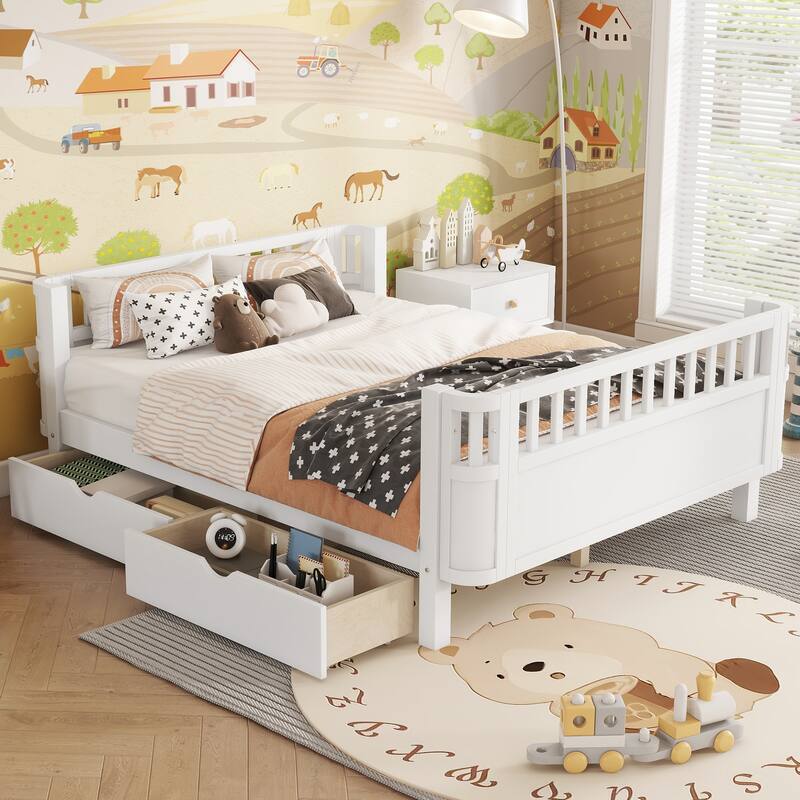 Wooden Kids Bed with 2 Storage Drawers, Guardrails and Removable Side Rail, Rounded Corners Frame Montessori Bed, Toddler Bed