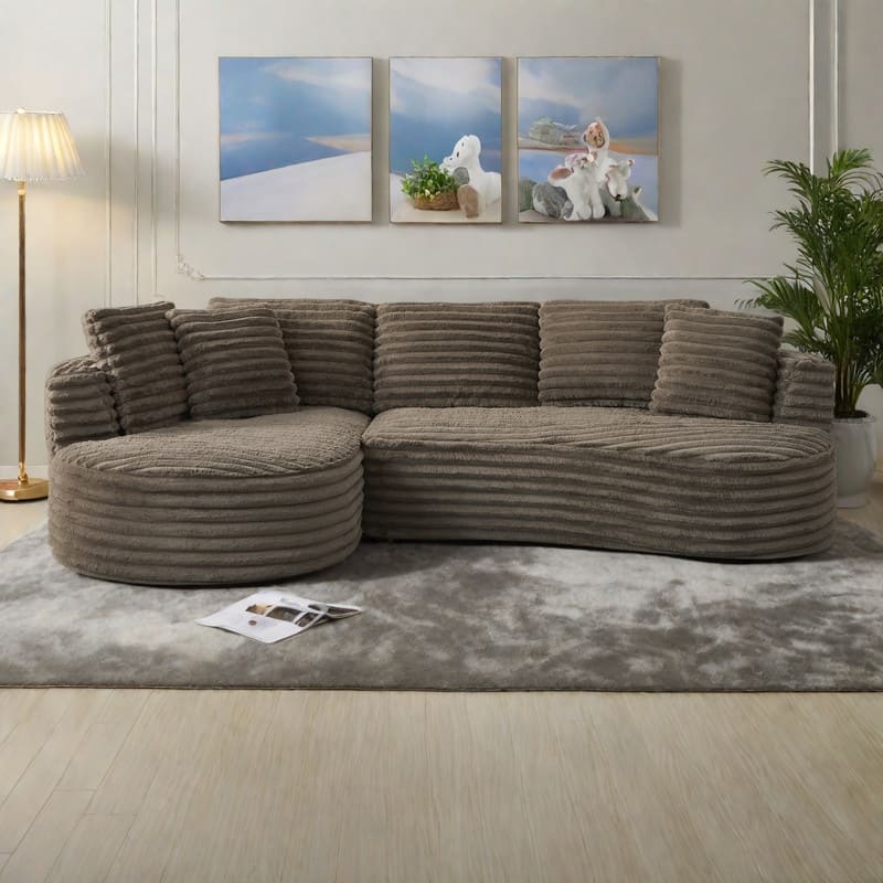 120.9" Corduroy Curved L-Shape Sectional Sofa with left recliner and Sleeper Function, No Assembly Required