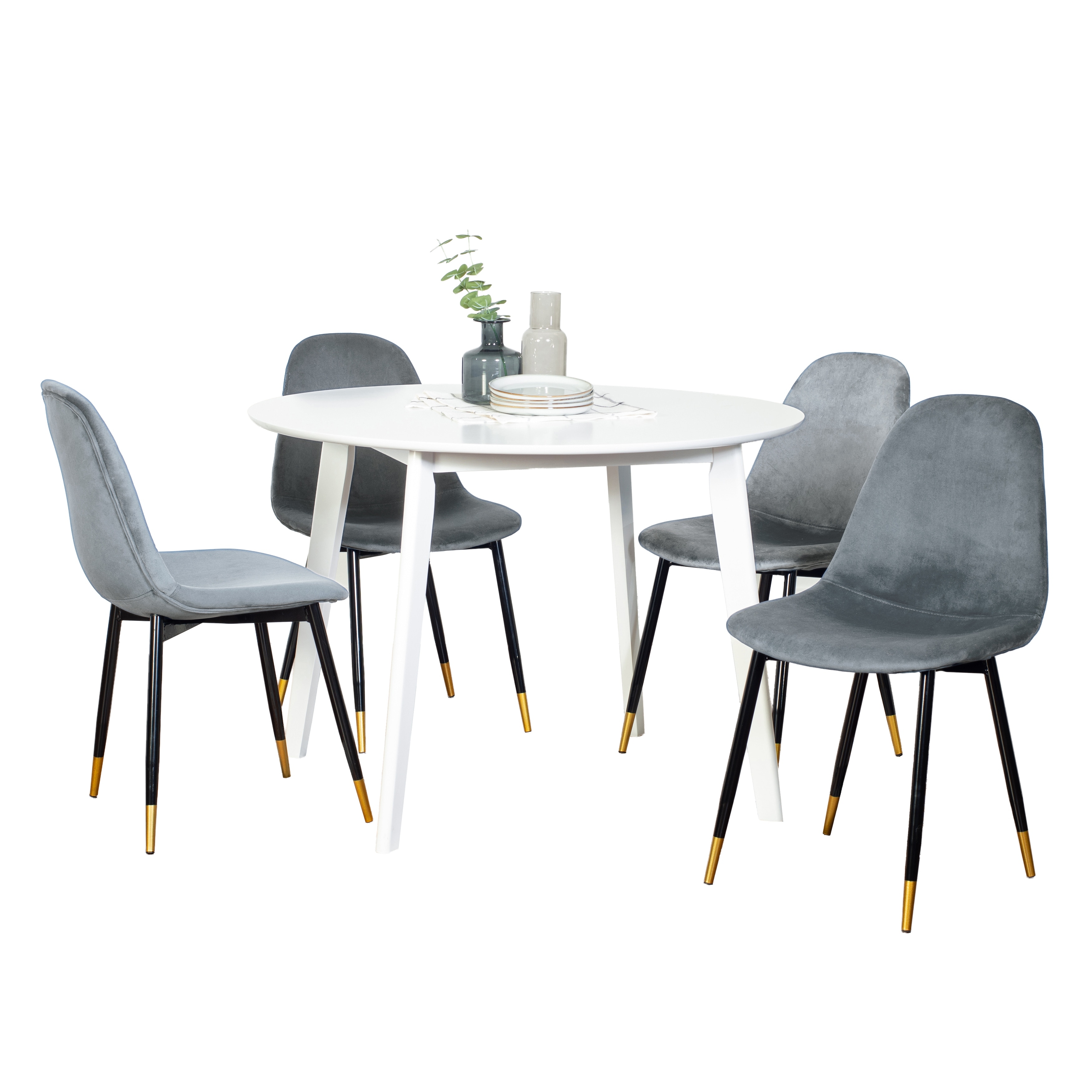 Contemporary 5-Piece Dining Set, White Round Dining Table with 4 Chairs