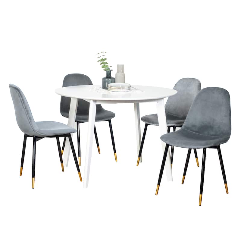 Modern 5 Piece Dining Table Set, White Round Dining Table, 4 Velvet Side Chairs, Casual Coffee Table, Seating Area