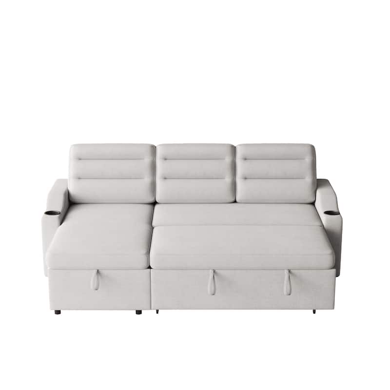 83.5" Fabric Convertible 3-Seater Sleeper Sofa with Pull-Out Bed, Recliner, Storage Pocket, and Cup Holder