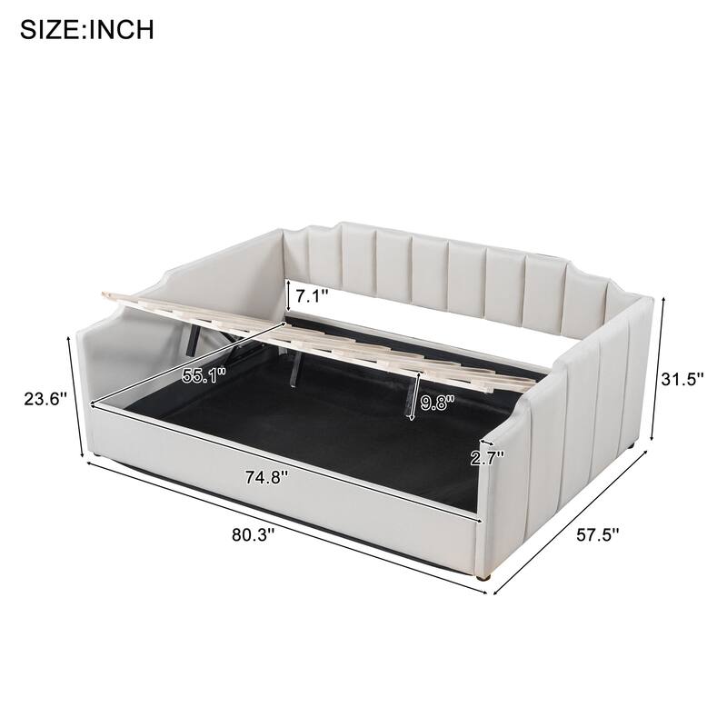 Full Size Platform Bed Frame, Linen Upholstered Daybed with Underneath Storage and Wood Slat Support for Bedroom