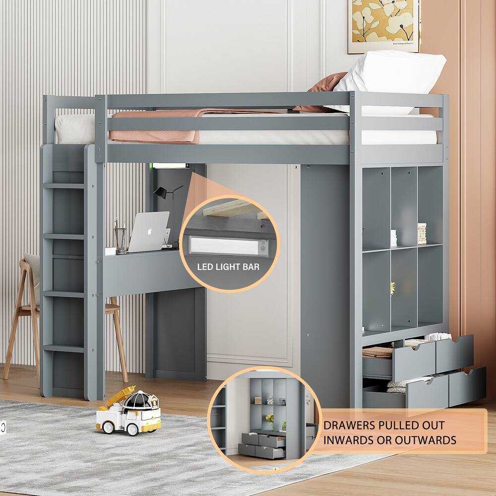 Gray Twin Size Solid Wood Loft Bed with large shelves, writing desk and LED Light for Bedroom