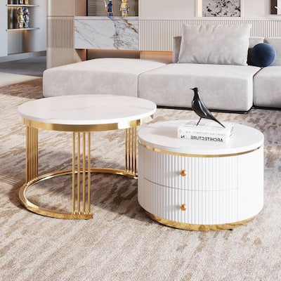 Modern 2 Pieces White Round Nesting Coffee Table