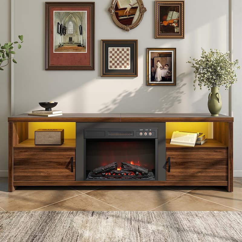 Bestier 70" Fireplace TV Stand for TVs up to 75", LED Entertainment Center with 23" Remote Control Electric Fireplace - Cherry Wood
