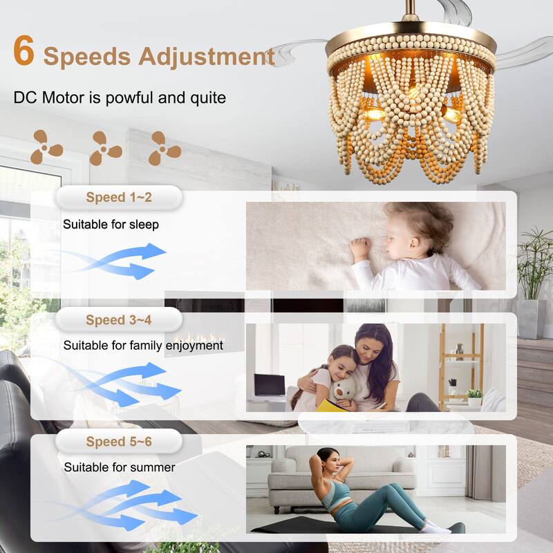 Bella Depot 42" Bohemian Retractable Ceiling Fan with Remote and Light 6-speed Reversible DC Motor