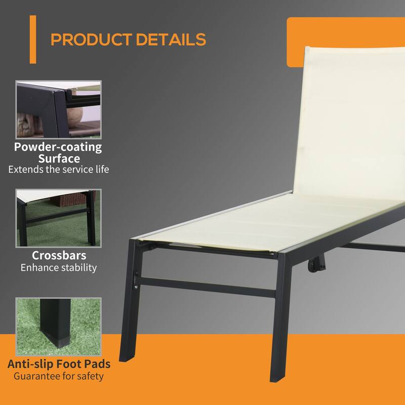 Outdoor Five Position Recliner /Chaise Lounge with Wheels,Steel Frame, Breathable Fabric