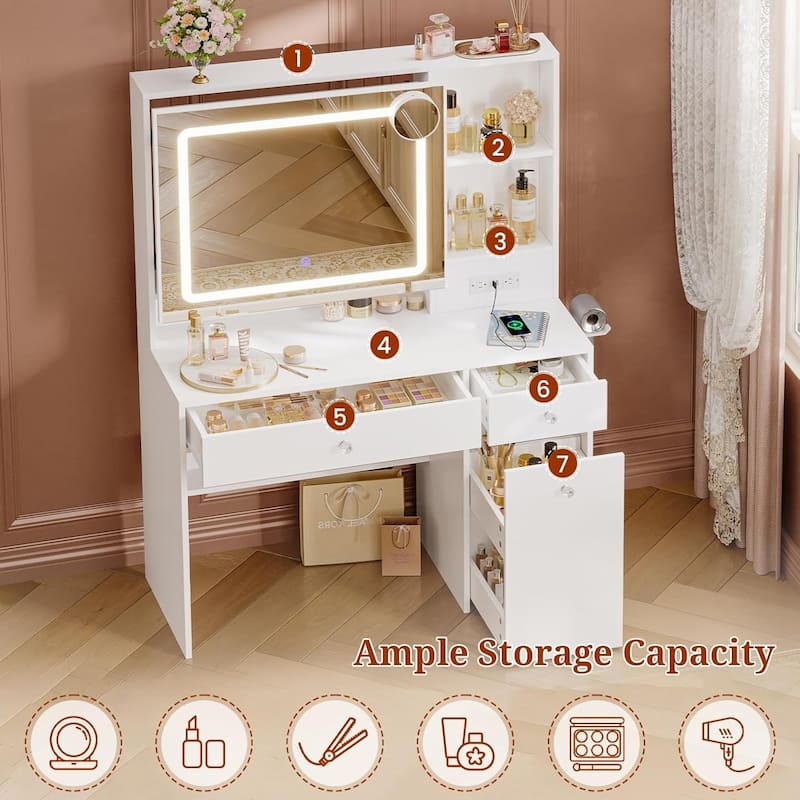 Vanity Desk with Mirror and Lights Power Outlet Drawers 3 Light Modes