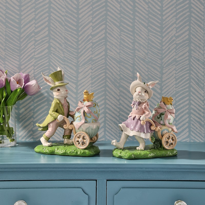 9" Resin Boy And Girl Bunny With Egg Cart Set of 2