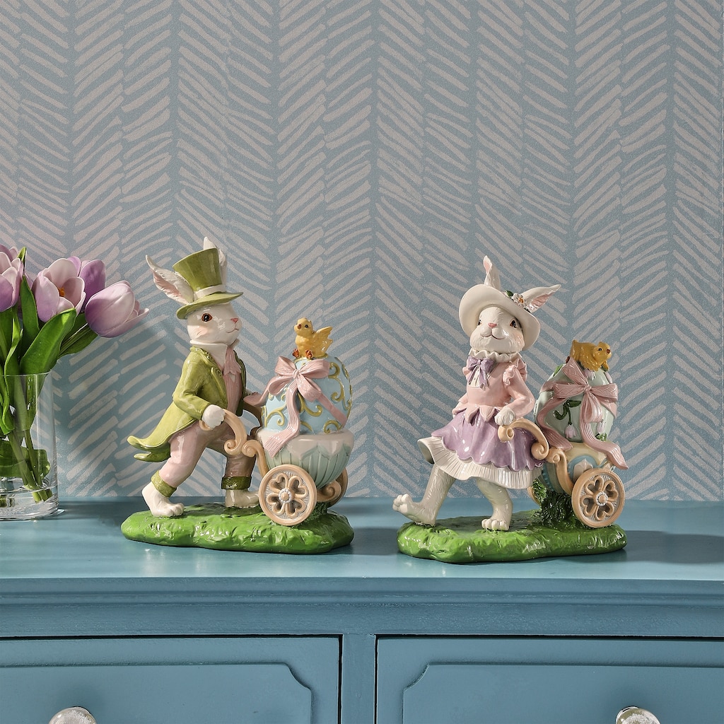 9" Resin Boy And Girl Bunny With Egg Cart Set of 2