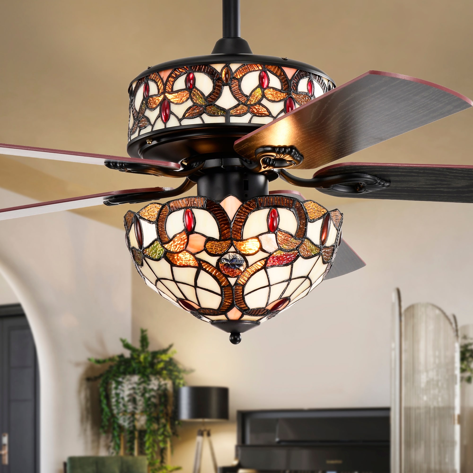 Warehouse of Tiffany Lars Black Tiffany Style Two Tiered Lighted Ceiling Fan White and Copper Shade with Remote Control