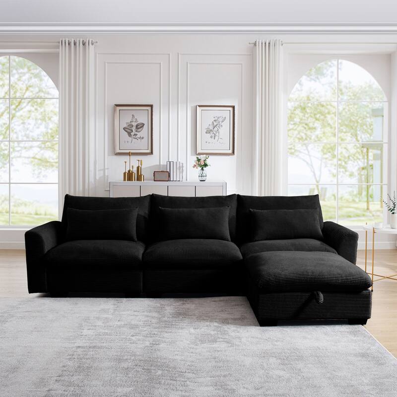 Modern L Shaped Modular Corduroy Sofa with Storage Ottoman and Plush Cushions for Living Room or Guest Room