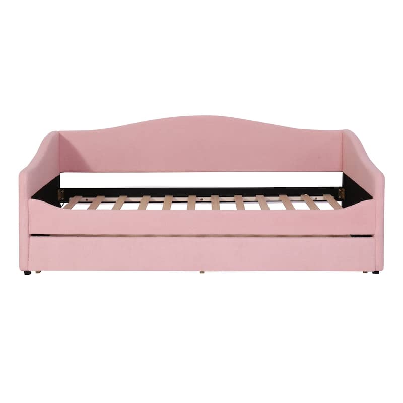 HomeRoots Pink Tufted Boucle Twin Day Bed With LED Lighting And Trundle And USB