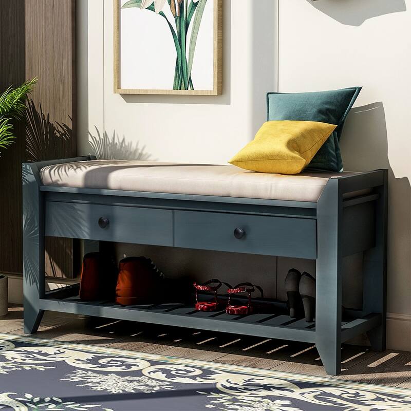 Merax Multipurpose Storage Bench Shoe Rack with Cushioned Seat and Drawers - Antique Navy