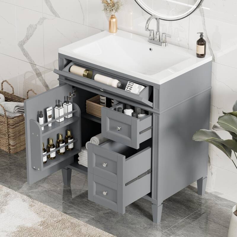 30'' Bathroom Vanity with Top Sink, Modern Bathroom Storage Cabinet with 2 Drawers, a Tip-out Drawer and Adjustable Shelf