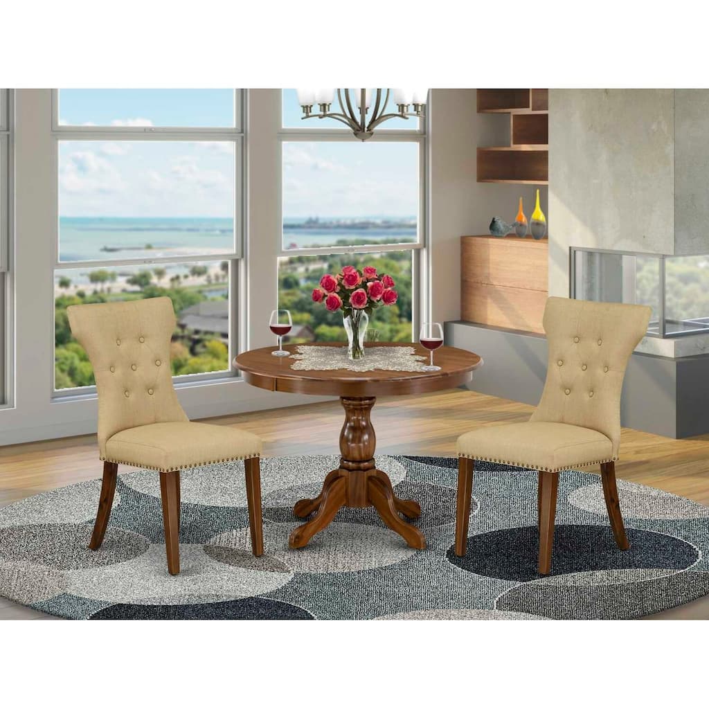 3-Piece Acacia Walnut Finish Solid Wood Top - Button Tufted Dining Room Set - Seats 4
