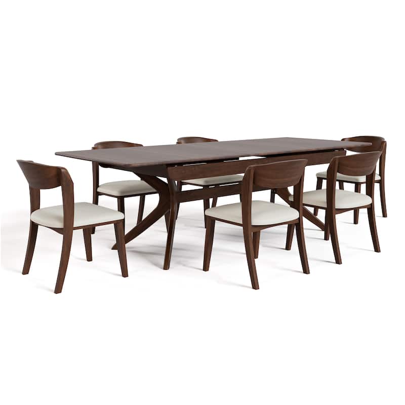Furniture of America Abigail IV Mid-Century Modern 7-Piece Rich Walnut Solid Wood 102-inch Extendable Dining Set