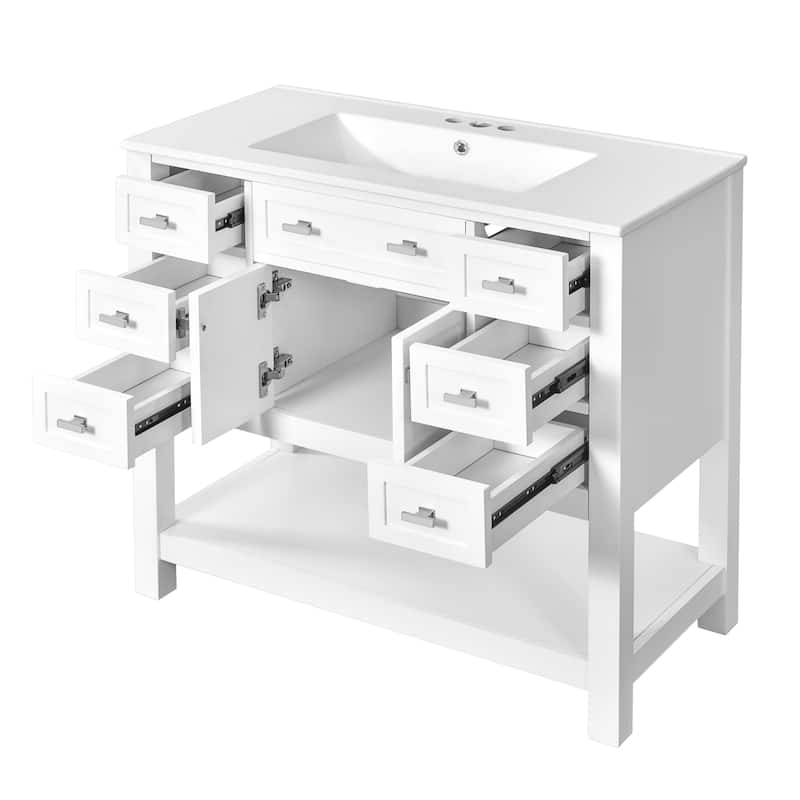 Single Sink Bathroom Vanity Storage Cabinet with 2 Soft Closing Doors, 6 Drawers, Open Shelf and Silver Metal Handles