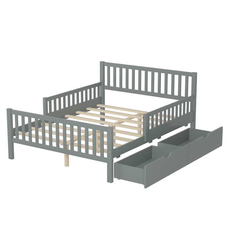Full Size Wood Platform Bed with Guardrails on Both Sides and 2 Storage Drawers, Gray