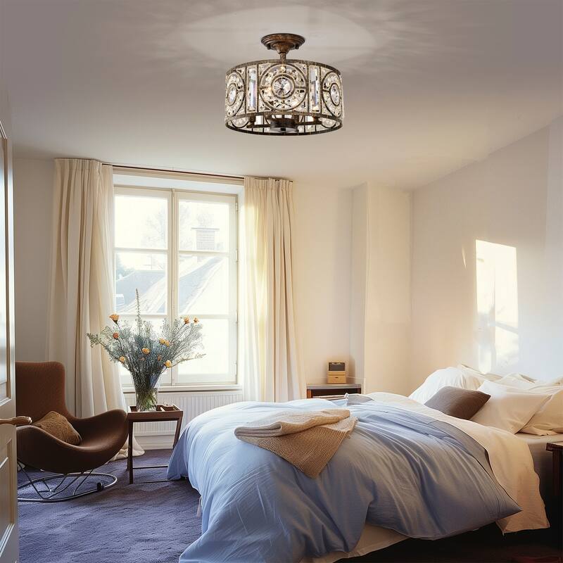 Sigyn Caged Drum Semi-Flushmount Ceiling Lamp with Crystal Ornaments Antique Bronze - Antique-Bronze