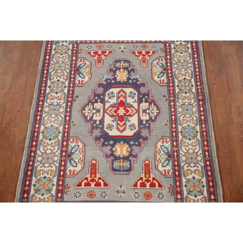 Geometric Kazak Oriental Rug Hand-Knotted Oriental Grey Wool Carpet - 3'6"x 4'10"