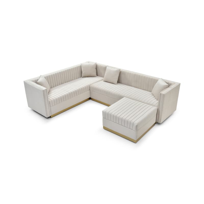 Velvet L-Shaped Sectional Sofa with Ottoman and 4 Pillows
