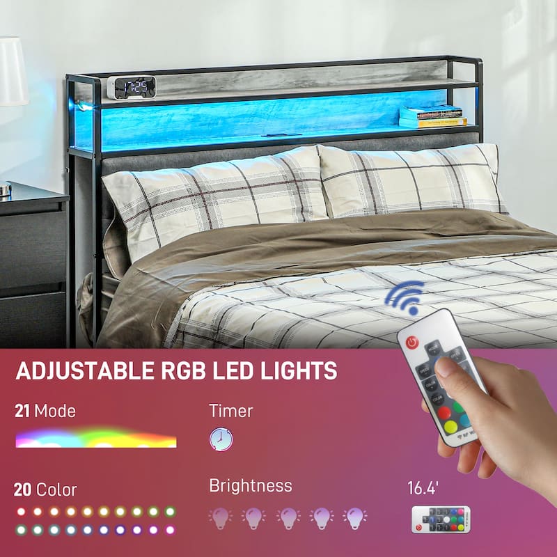 Full Size Bed Frame with LED Lights, Charging Station, and Storage Headboard