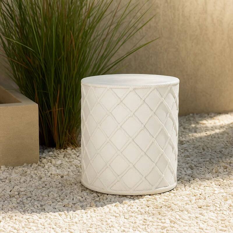 Outdoor End Table, Round 15 Inch Top, Antique White Faux Concrete