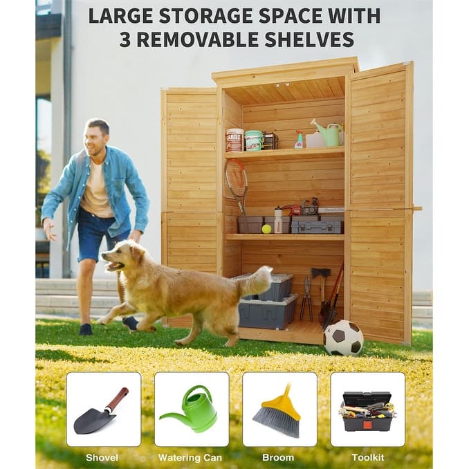 Outdoor Storage Cabinet with 3 Shelves, Outside Vertical Tall Tool Shed Double Lockable Wooden Garden Shed with Waterproof Roof