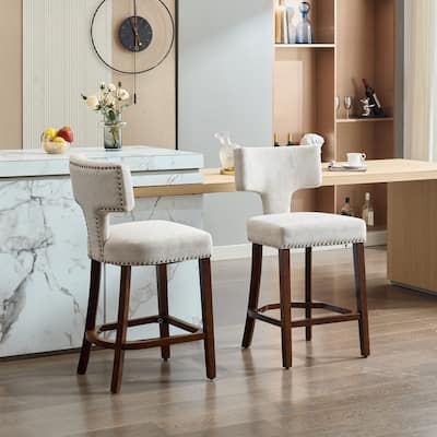 Counter Height Bar Stools Set of 2, Farmhouse Linen Fabric Upholstered Accent Chair Curved Backrest with Copper Nails around