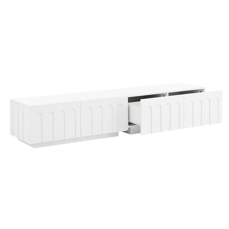 Modern Curved TV Stand, Multi-functional Storage Cabinet for TVs up to 80 Inches with 4 Drawers, for Living Room, Bedroom, White
