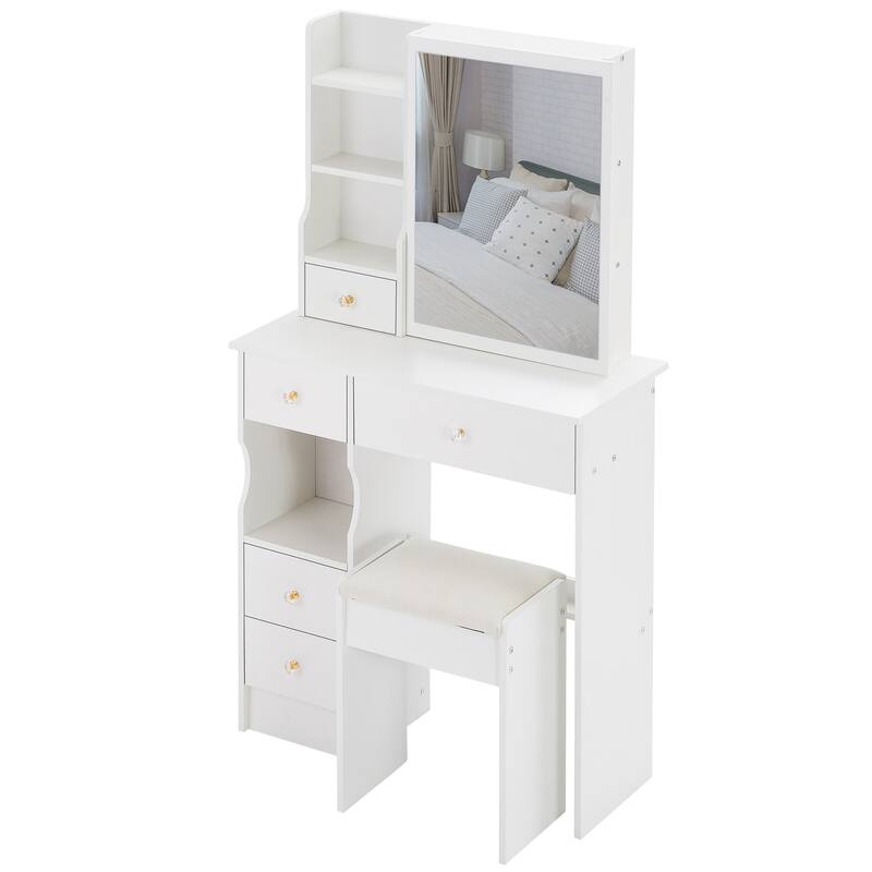 Vanity Desk with Sliding Mirror, Makeup Table with Drawer and Multi Layer Storage Rack, Vanity Set with Cushioned Stool